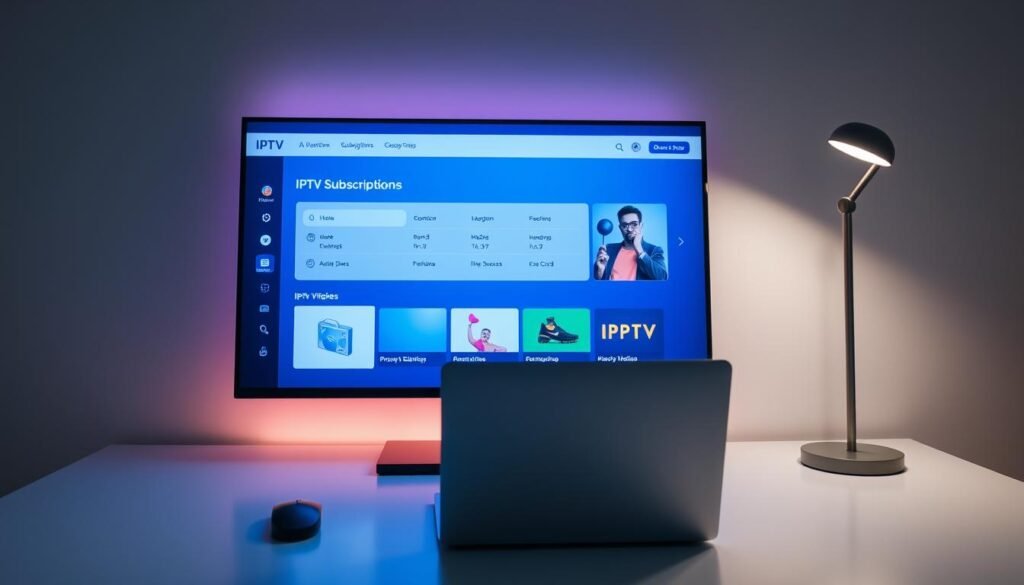 A sleek, minimalist IPTV subscription service interface displayed on a large, high-resolution screen. The screen is surrounded by a modern, elegant desk setup with a stylish laptop, a wireless mouse, and a minimalist lamp providing soft, indirect lighting. The overall scene conveys a sense of professionalism, efficiency, and the convenience of managing IPTV subscriptions from a comfortable, technology-driven workspace. The mood is one of productivity, organization, and the seamless integration of IPTV services into a contemporary digital lifestyle.
