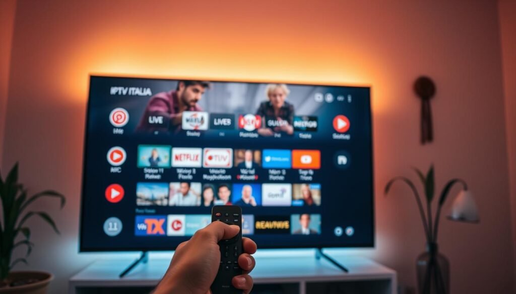 A sleek, modern smart TV displaying the IPTV Italia interface, showcasing a variety of live TV channels, on-demand content, and user-friendly navigation. The screen is illuminated by warm, ambient lighting, creating a cozy and inviting atmosphere. In the foreground, a hand holds a minimalist remote control, emphasizing the seamless user experience. The background features a clean, minimalist interior design, with subtle hints of Italian style, such as a potted plant or a decorative wall hanging. The overall impression is one of a high-quality, immersive IPTV experience tailored for the Italian market.